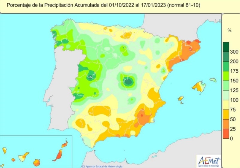 Las lluvias acumuladas este año hidrológico en España superan en un 4 % el valor normal de este periodo